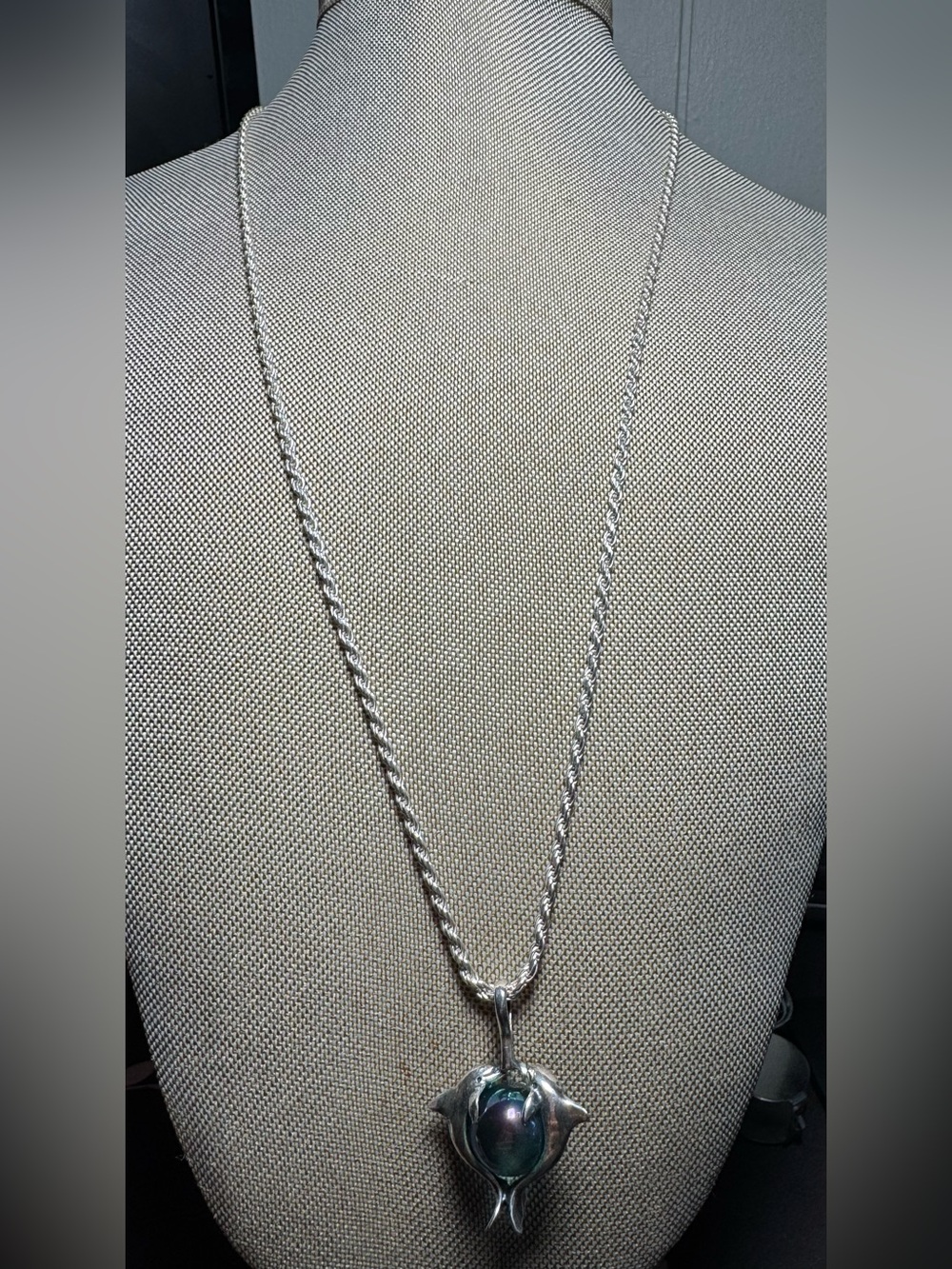 Sterling ailver Rope Chain Necklace and dolphin pendant. 24 inches long.